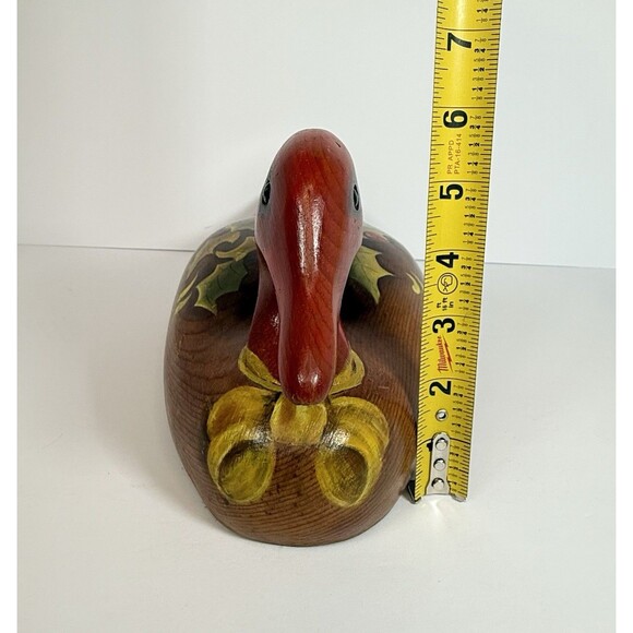 VTG Wooden Duck Decoy Red Headed.‎ Handpainted Holly And Bow.  6”x 16” Aprox. - Picture 8 of 12